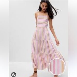 Gap Linen-Blend Tie-Back Tiered Maxi Dress Color Pink & yellow‎ stripe